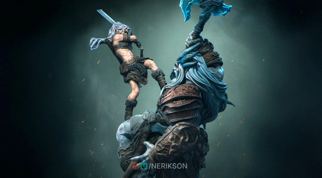 Lia vs. the Giant Diorama Miniature | Tabletop RPG Miniature | Nerikson | Roleplaying 3D Printed Fantasy Mini - 3DPrintDen