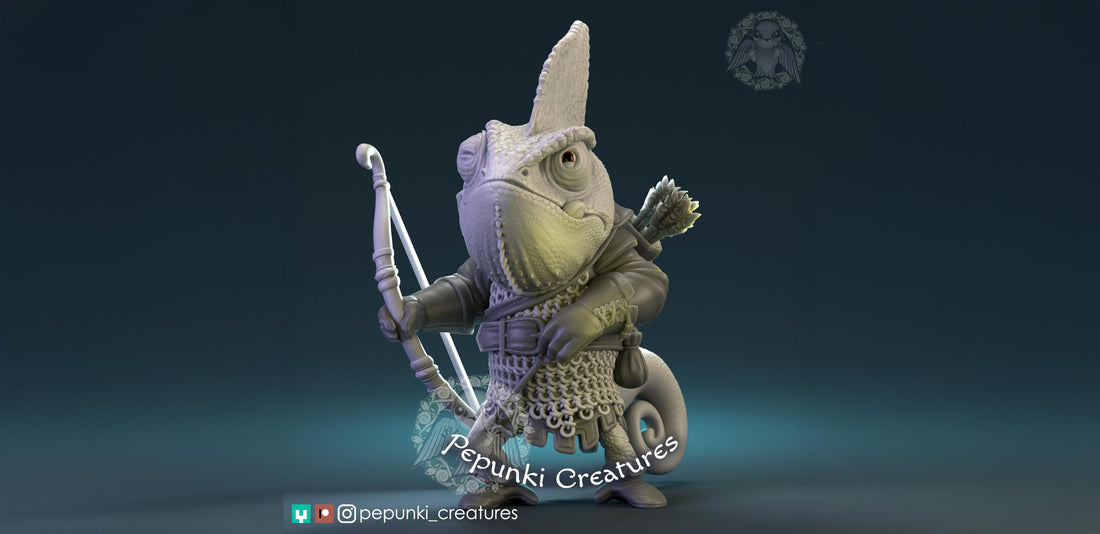 Chameleon Archer Miniature | Tabletop RPG Miniature | Pepunki Creatures | Roleplaying 3D Printed Fantasy Mini - 3DPrintDen