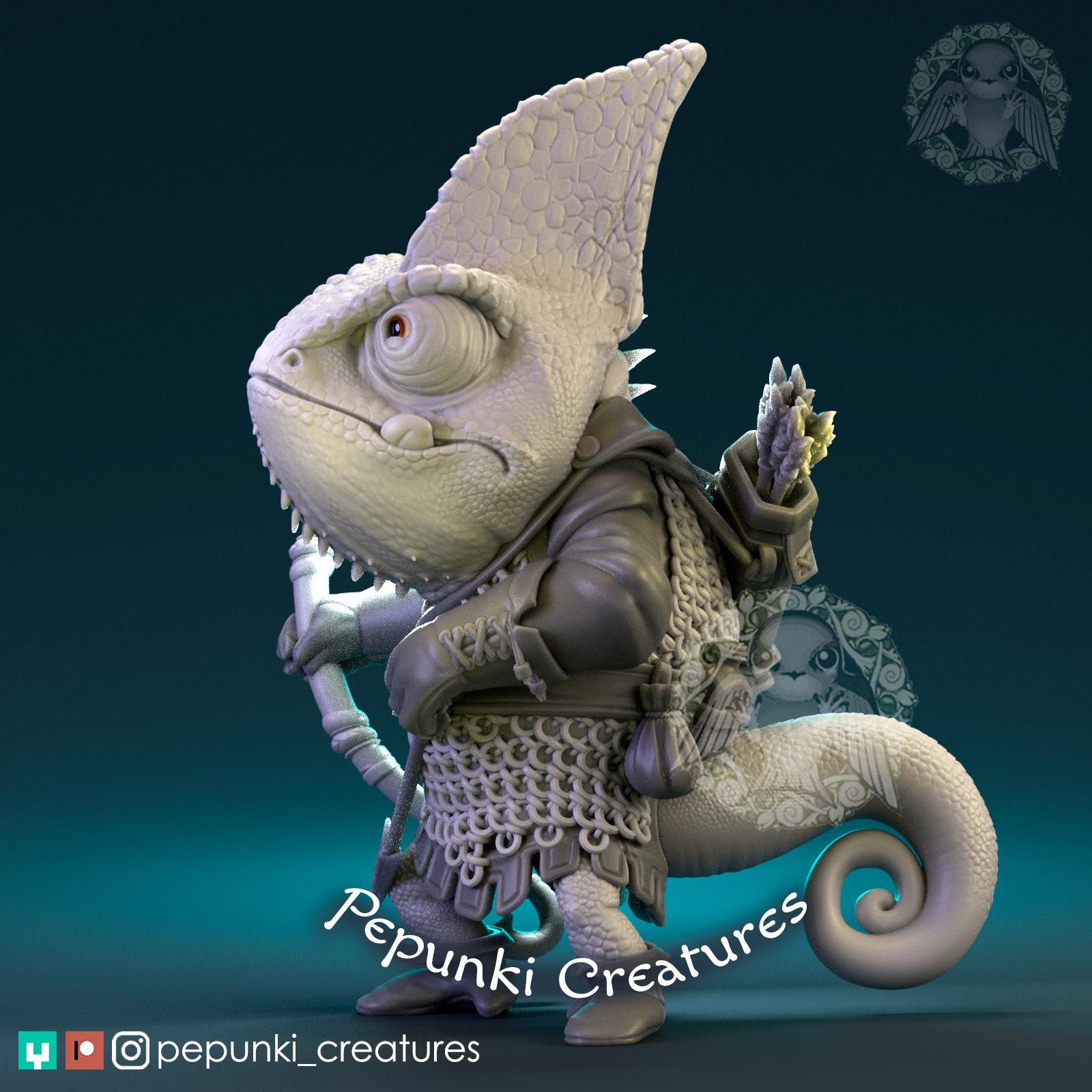 Chameleon Archer Miniature | Tabletop RPG Miniature | Pepunki Creatures | Roleplaying 3D Printed Fantasy Mini - 3DPrintDen