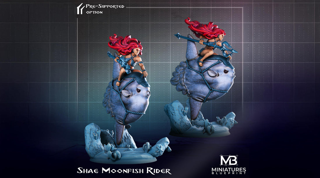 Female Moonfish Rider Miniature, Shae | Tabletop RPG Miniature | Miniatures Blueprint | Roleplaying 3D Printed Fantasy Mini - 3DPrintDen
