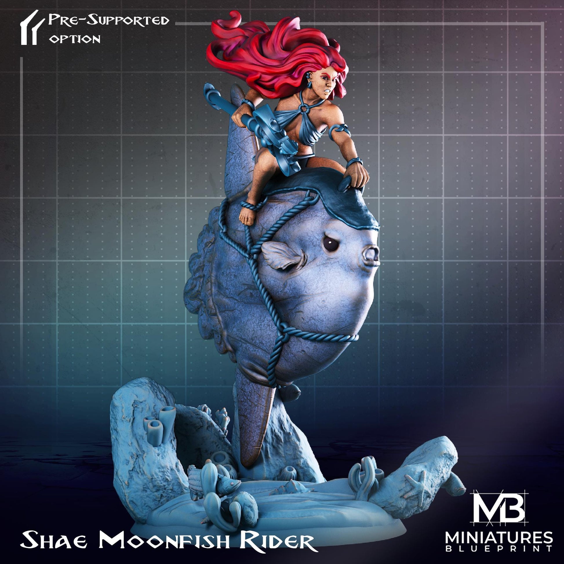 Female Moonfish Rider Miniature, Shae | Tabletop RPG Miniature | Miniatures Blueprint | Roleplaying 3D Printed Fantasy Mini - 3DPrintDen