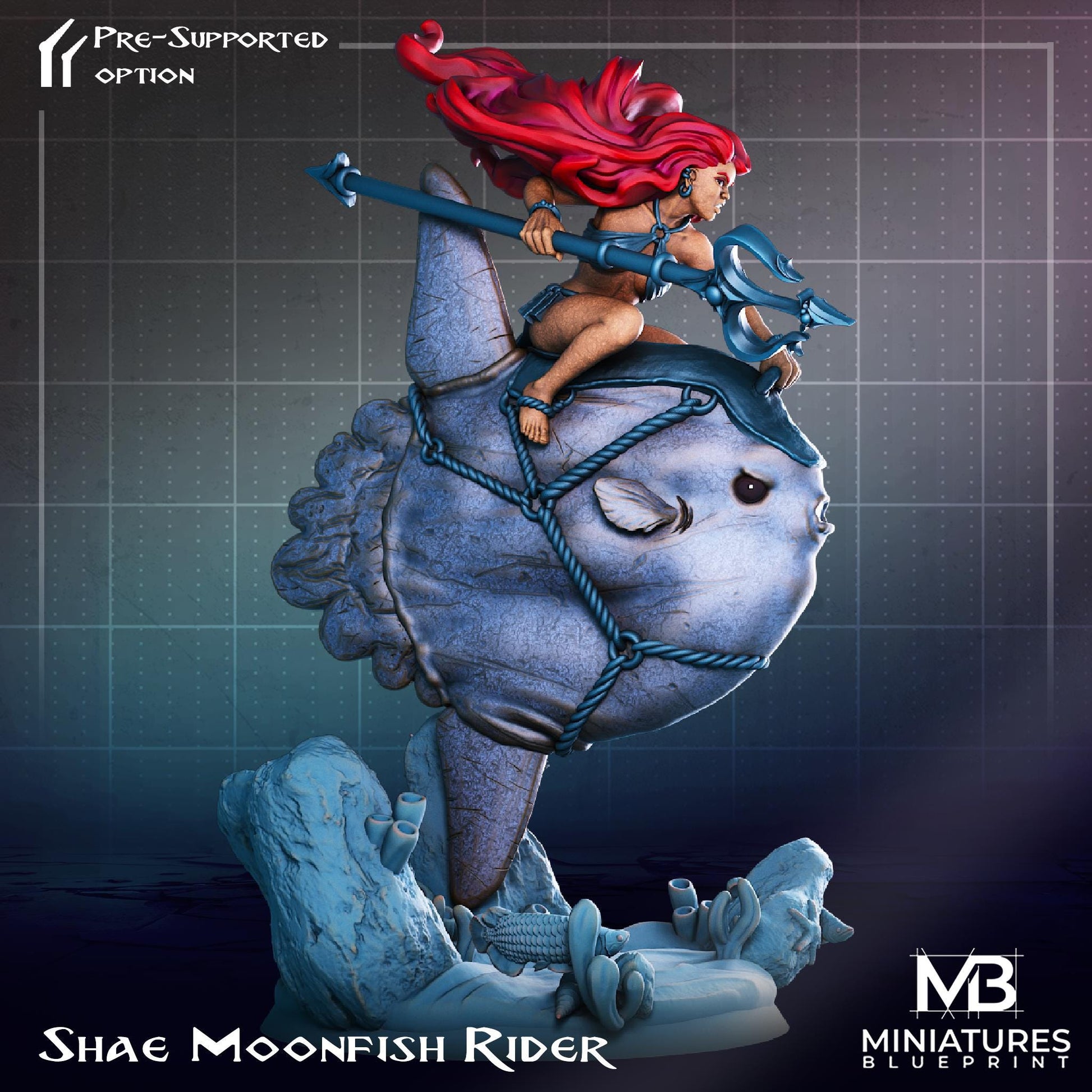 Female Moonfish Rider Miniature, Shae | Tabletop RPG Miniature | Miniatures Blueprint | Roleplaying 3D Printed Fantasy Mini - 3DPrintDen
