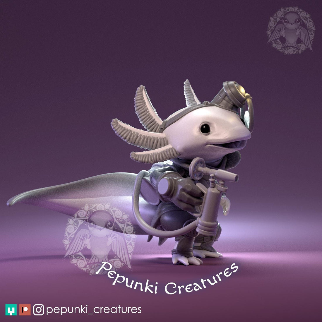 Steampunk Axolotl Miniature | Tabletop RPG Miniature | Pepunki Creatures | Roleplaying 3D Printed Fantasy Mini - 3DPrintDen
