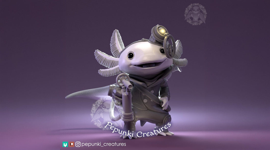 Steampunk Axolotl Miniature | Tabletop RPG Miniature | Pepunki Creatures | Roleplaying 3D Printed Fantasy Mini - 3DPrintDen