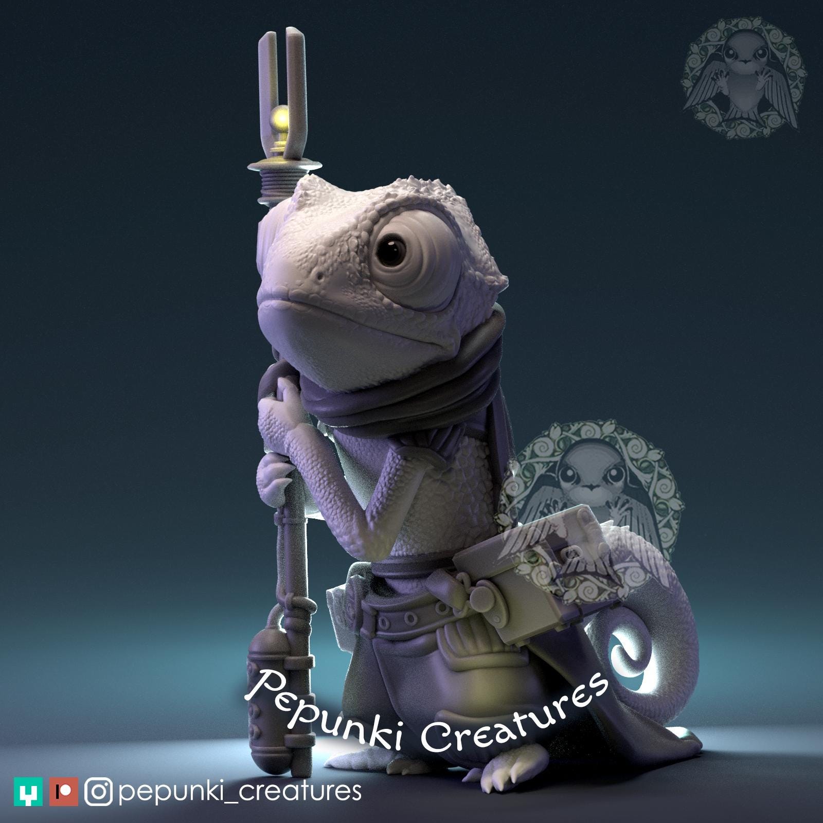 Chameleon Mechanic Miniature | Tabletop RPG Miniature | Pepunki Creatures | Roleplaying 3D Printed Fantasy Mini - 3DPrintDen