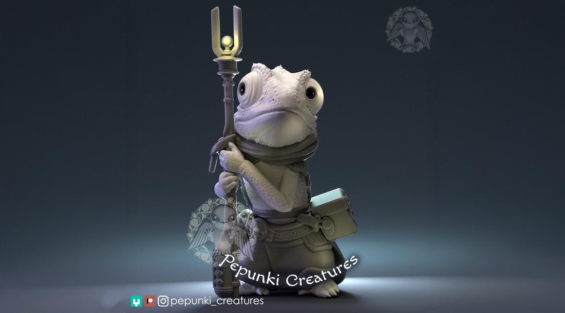 Chameleon Mechanic Miniature | Tabletop RPG Miniature | Pepunki Creatures | Roleplaying 3D Printed Fantasy Mini - 3DPrintDen