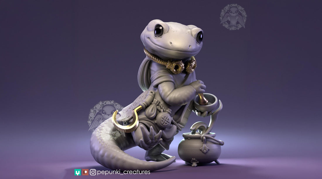 Salamander Druid Miniature | Tabletop RPG Miniature | Pepunki Creatures | Roleplaying 3D Printed Fantasy Mini - 3DPrintDen
