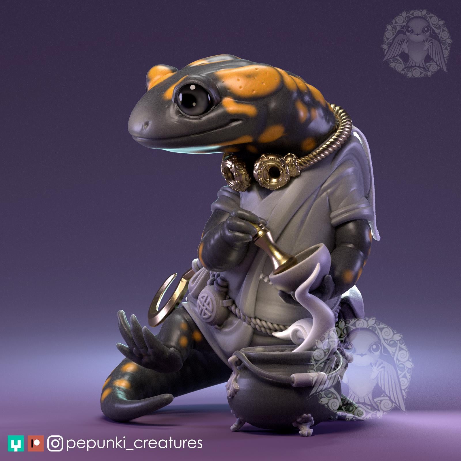 Salamander Druid Miniature | Tabletop RPG Miniature | Pepunki Creatures | Roleplaying 3D Printed Fantasy Mini - 3DPrintDen