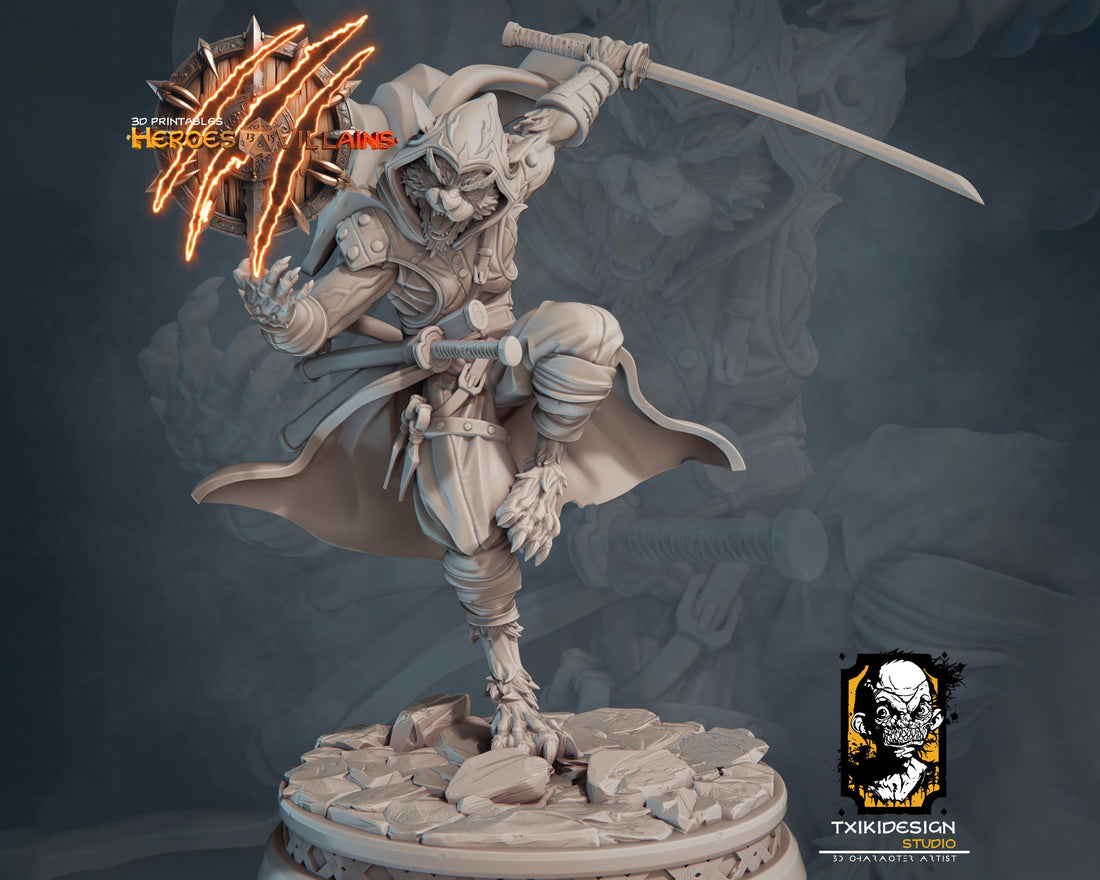 Tabaxi Warrior Miniature | Tabletop RPG Miniature | Javier Txiki Tejedor | Roleplaying 3D Printed Fantasy Mini - 3DPrintDen