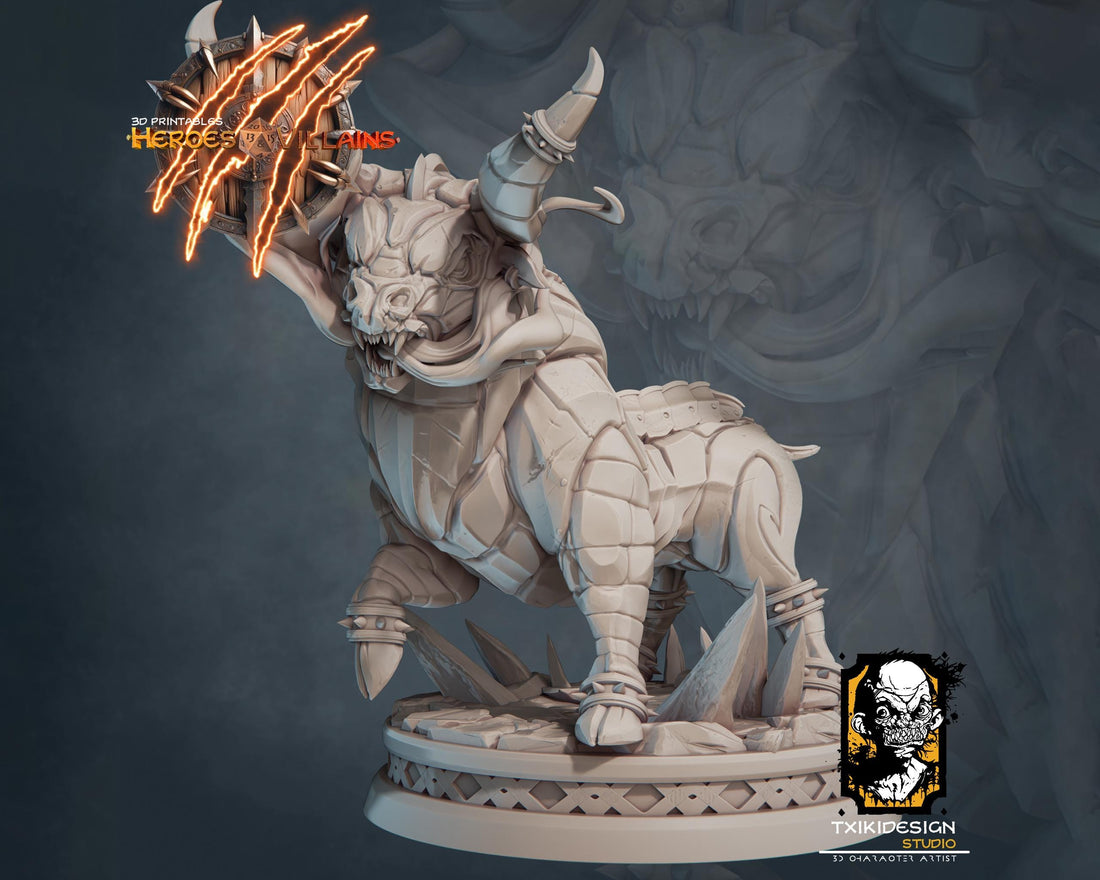 Infernal Bull Miniature | Tabletop RPG Miniature | Javier Txiki Tejedor | Roleplaying 3D Printed Fantasy Mini - 3DPrintDen