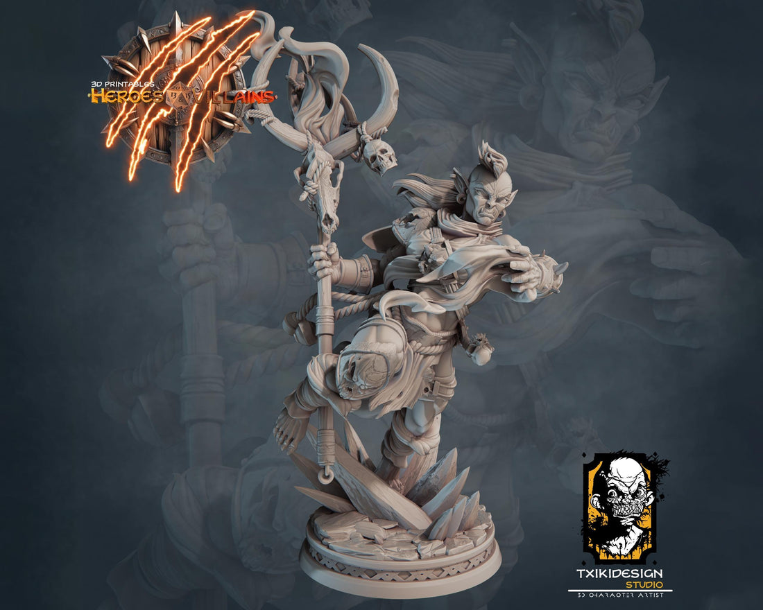 Female Orc Wizard Miniature | Tabletop RPG Miniature | Javier Txiki Tejedor | Roleplaying 3D Printed Fantasy Mini - 3DPrintDen