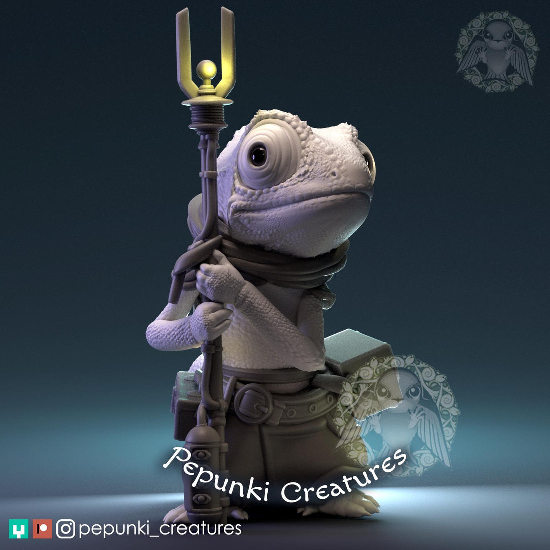 Chameleon Mechanic Miniature | Tabletop RPG Miniature | Pepunki Creatures | Roleplaying 3D Printed Fantasy Mini - 3DPrintDen