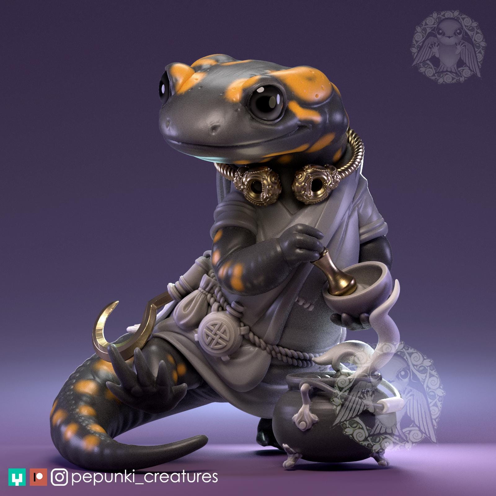 Salamander Druid Miniature | Tabletop RPG Miniature | Pepunki Creatures | Roleplaying 3D Printed Fantasy Mini - 3DPrintDen