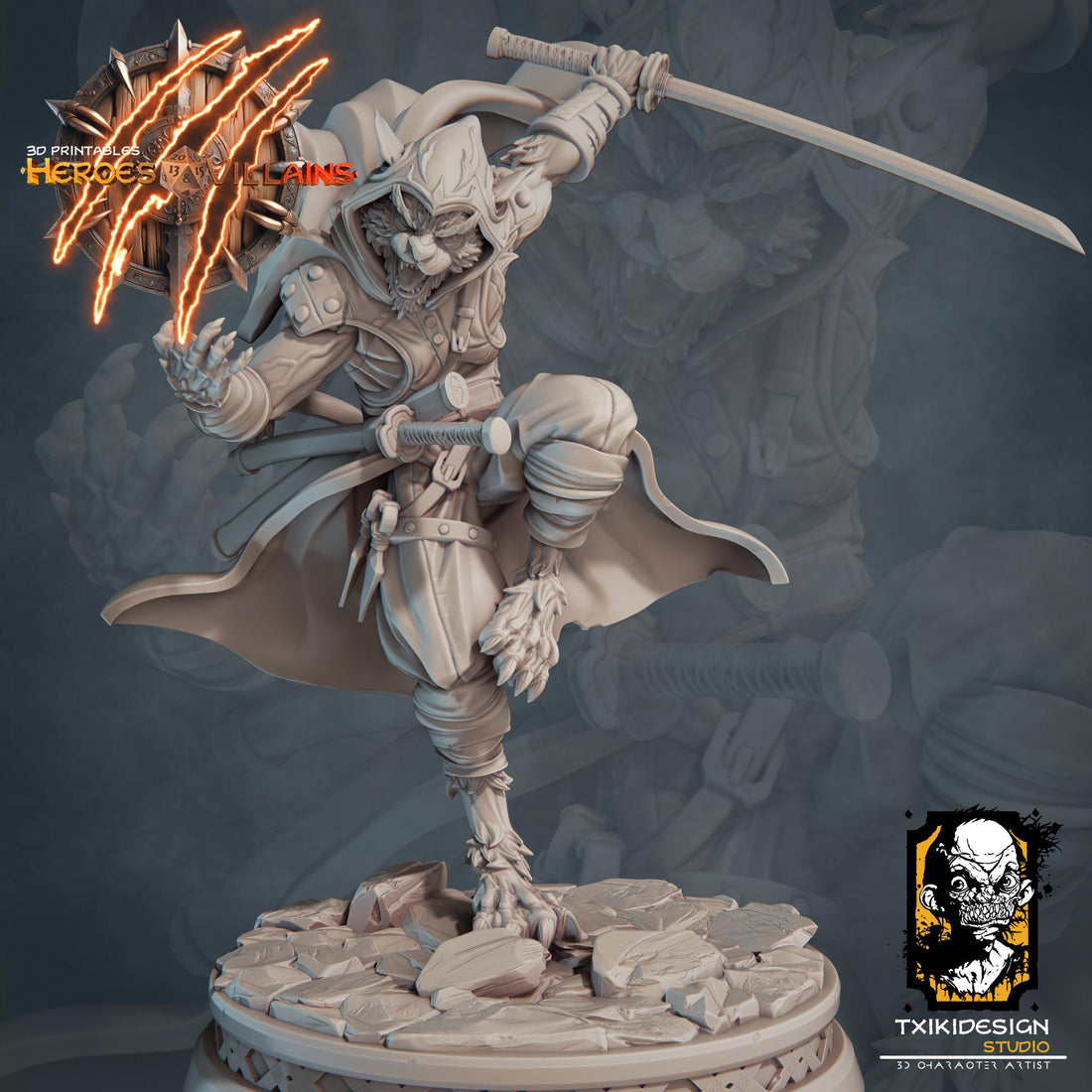 Tabaxi Warrior Miniature | Tabletop RPG Miniature | Javier Txiki Tejedor | Roleplaying 3D Printed Fantasy Mini - 3DPrintDen