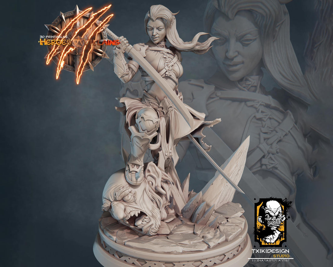 Female Elf Warrior Miniature | Tabletop RPG Miniature | Javier Txiki Tejedor | Roleplaying 3D Printed Fantasy Mini - 3DPrintDen