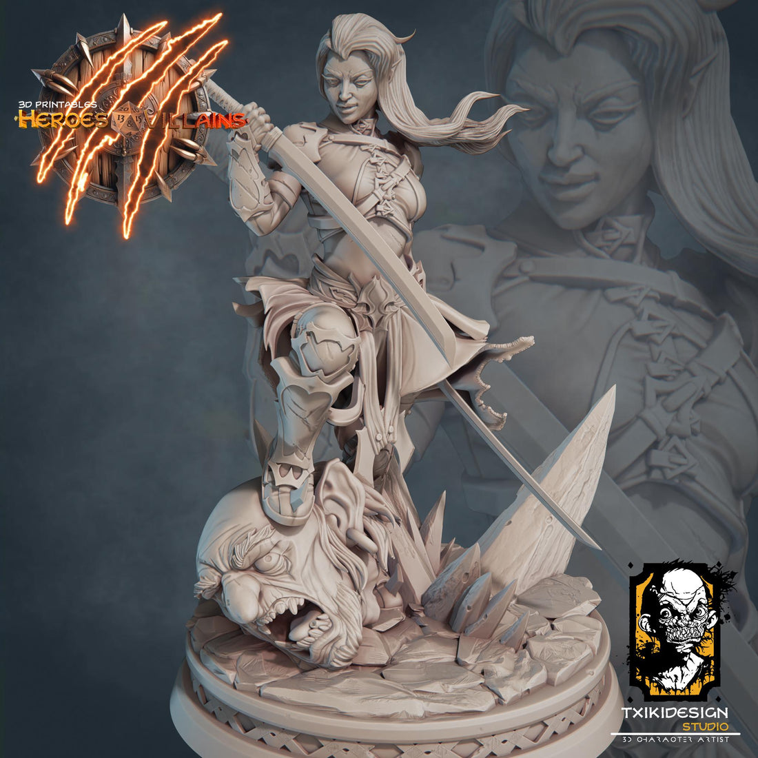 Female Elf Warrior Miniature | Tabletop RPG Miniature | Javier Txiki Tejedor | Roleplaying 3D Printed Fantasy Mini - 3DPrintDen