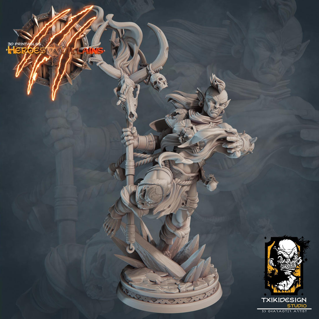 Female Orc Wizard Miniature | Tabletop RPG Miniature | Javier Txiki Tejedor | Roleplaying 3D Printed Fantasy Mini - 3DPrintDen