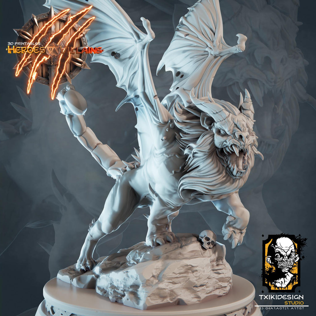 Manticore Miniature | Tabletop RPG Miniature | Javier Txiki Tejedor | Roleplaying 3D Printed Fantasy Mini - 3DPrintDen