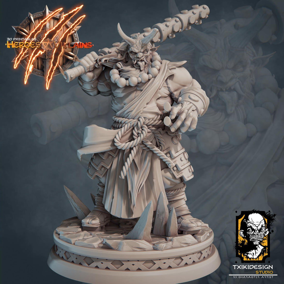 Oni Warrior Miniature | Tabletop RPG Miniature | Javier Txiki Tejedor | Roleplaying 3D Printed Fantasy Mini - 3DPrintDen
