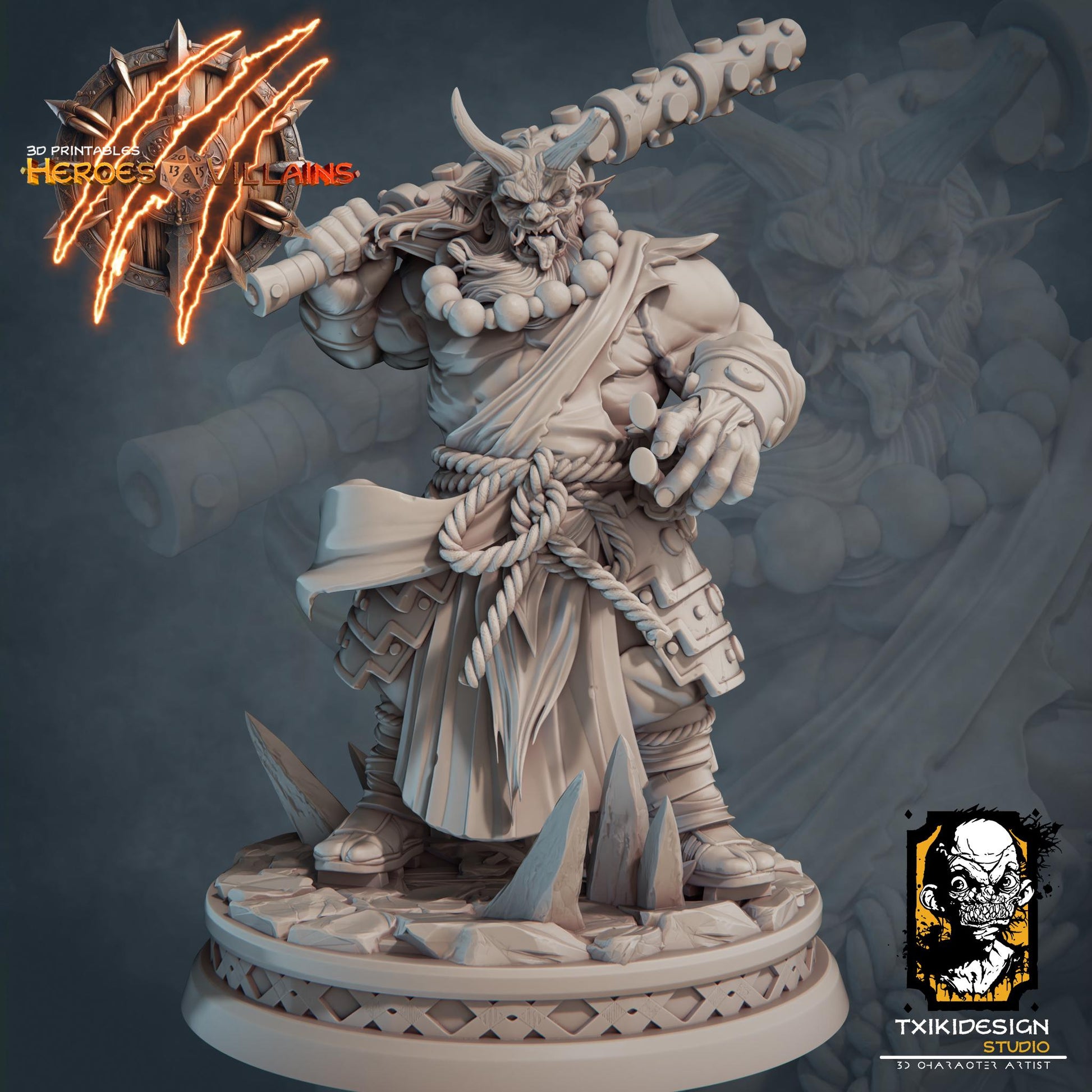 Oni Warrior Miniature | Tabletop RPG Miniature | Javier Txiki Tejedor | Roleplaying 3D Printed Fantasy Mini - 3DPrintDen
