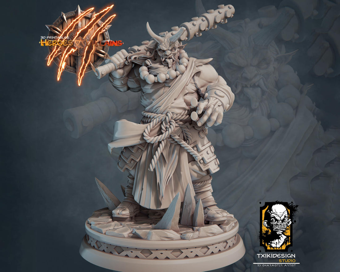 Oni Warrior Miniature | Tabletop RPG Miniature | Javier Txiki Tejedor | Roleplaying 3D Printed Fantasy Mini - 3DPrintDen