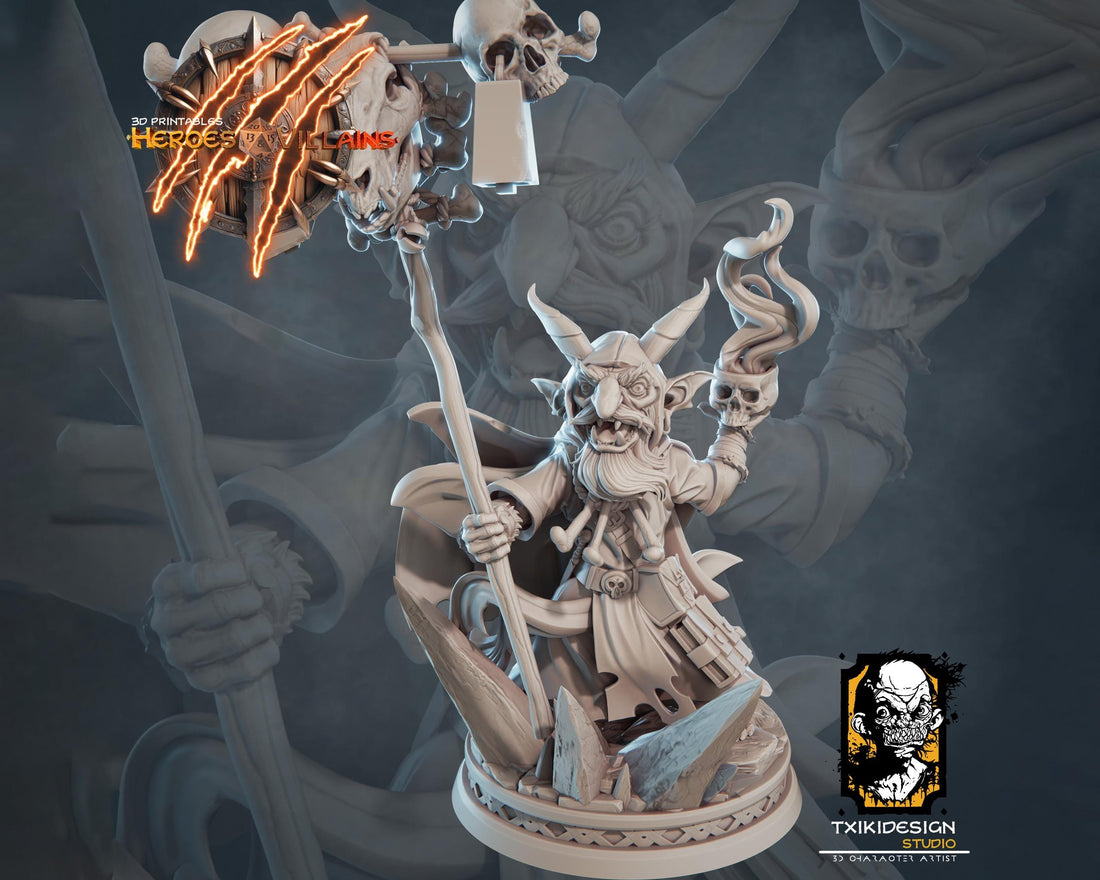 Goblin Shaman Miniature | Tabletop RPG Miniature | Javier Txiki Tejedor | Roleplaying 3D Printed Fantasy Mini - 3DPrintDen