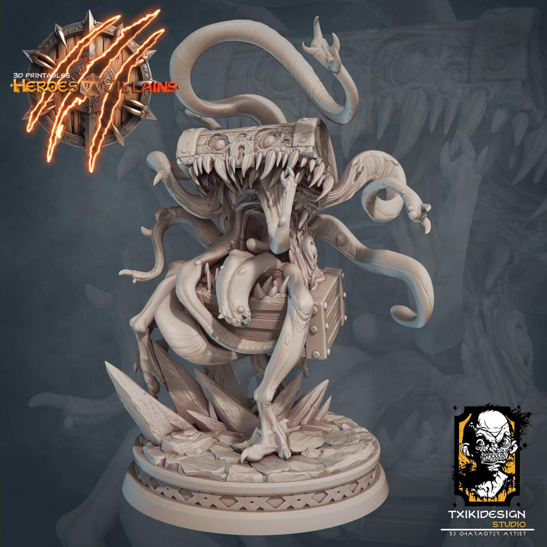 Chest Mimic Miniature | Tabletop RPG Miniature | Javier Txiki Tejedor | Roleplaying 3D Printed Fantasy Mini - 3DPrintDen