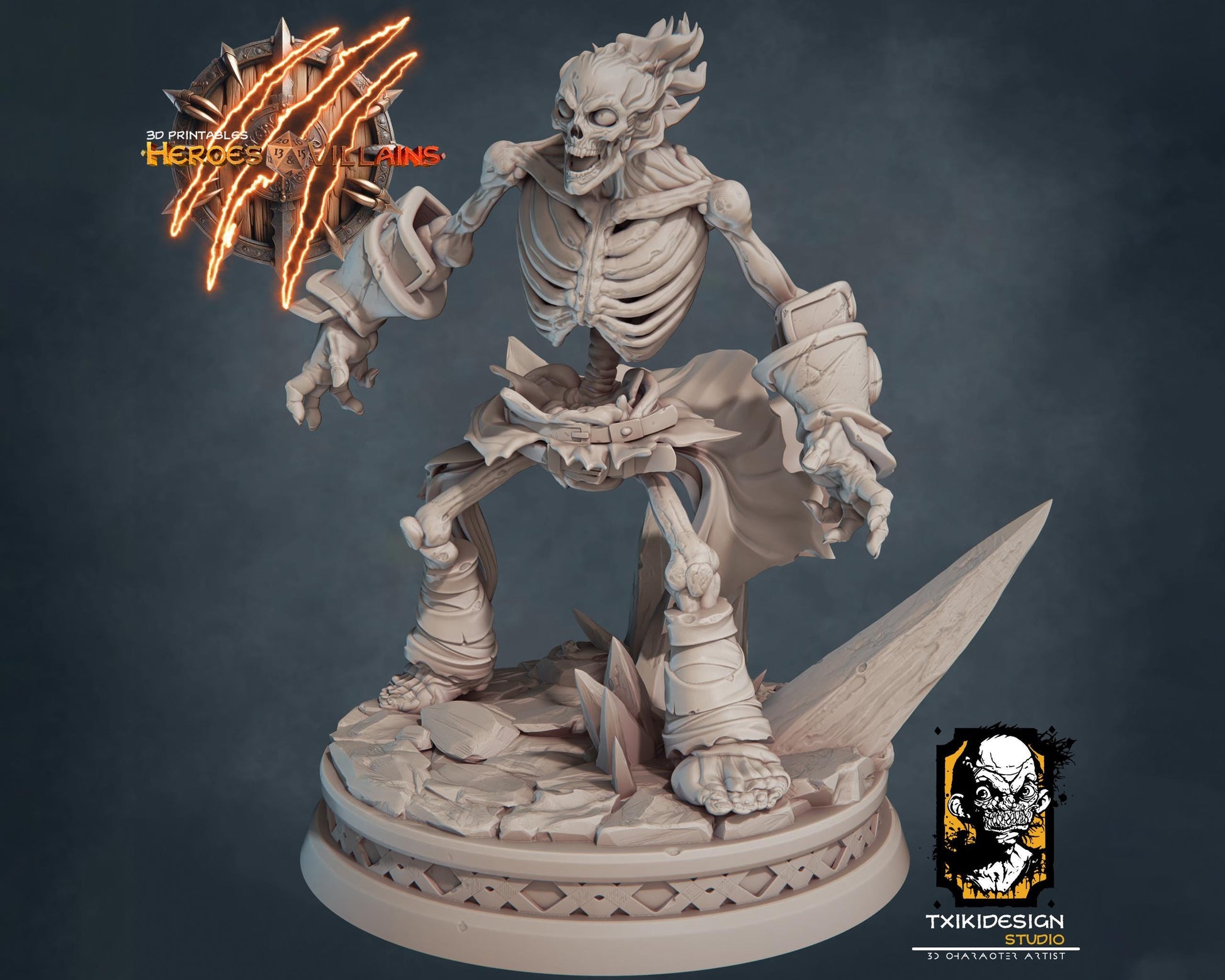 Flame Skeleton Miniature | Tabletop RPG Miniature | Javier Txiki Tejedor | Roleplaying 3D Printed Fantasy Mini - 3DPrintDen