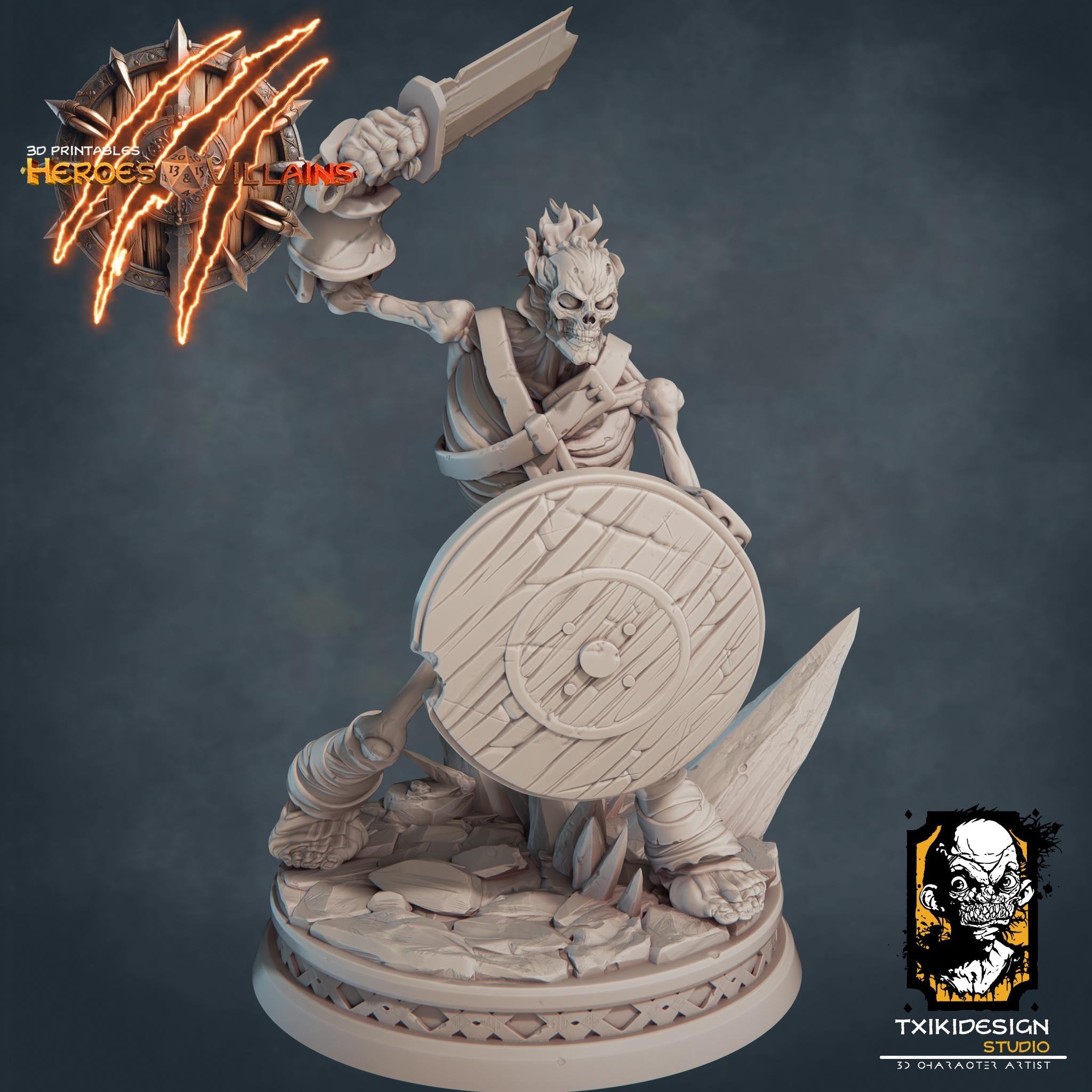 Flame Skeleton Miniature | Tabletop RPG Miniature | Javier Txiki Tejedor | Roleplaying 3D Printed Fantasy Mini - 3DPrintDen