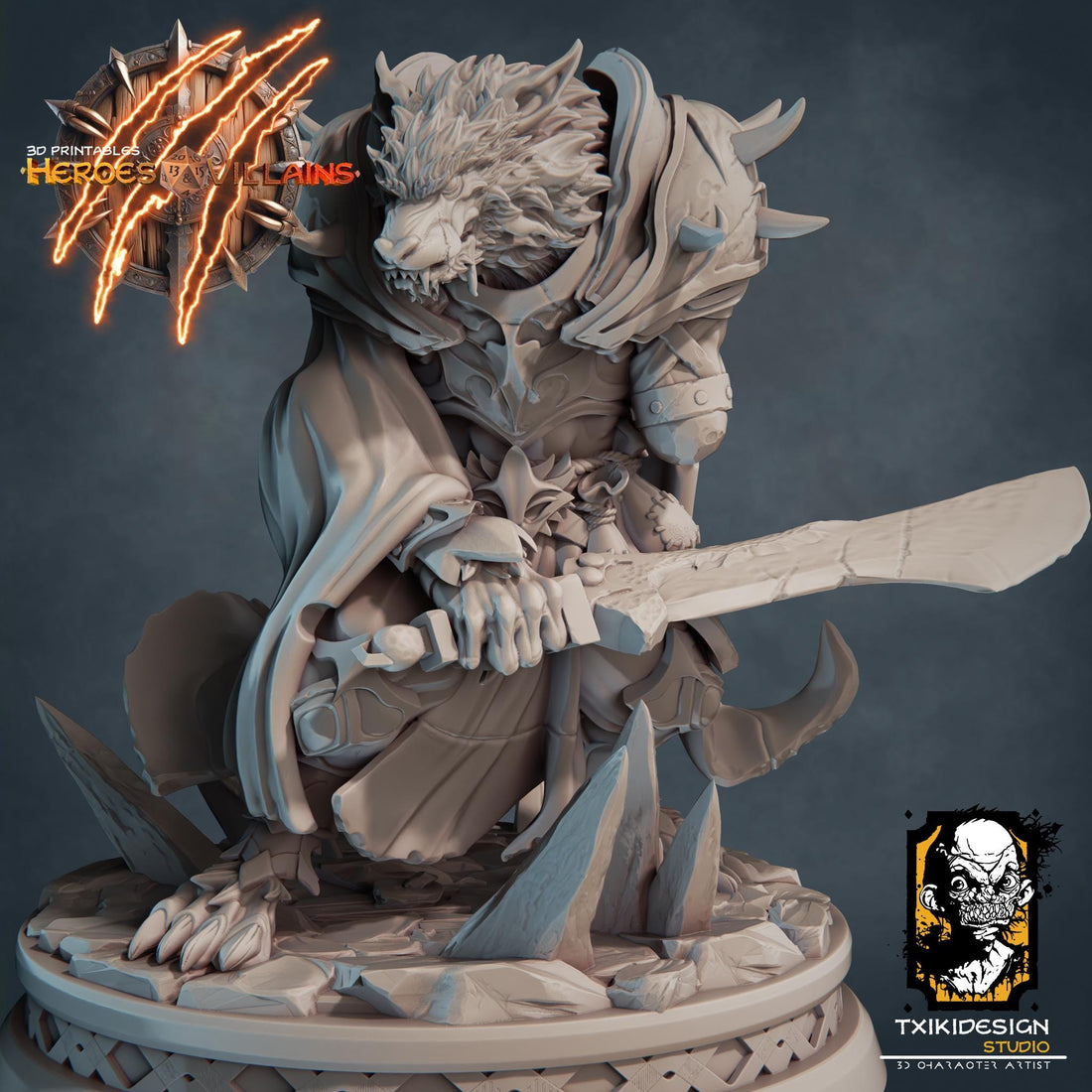Werewolf Warrior Miniature | Tabletop RPG Miniature | Javier Txiki Tejedor | Roleplaying 3D Printed Fantasy Mini - 3DPrintDen