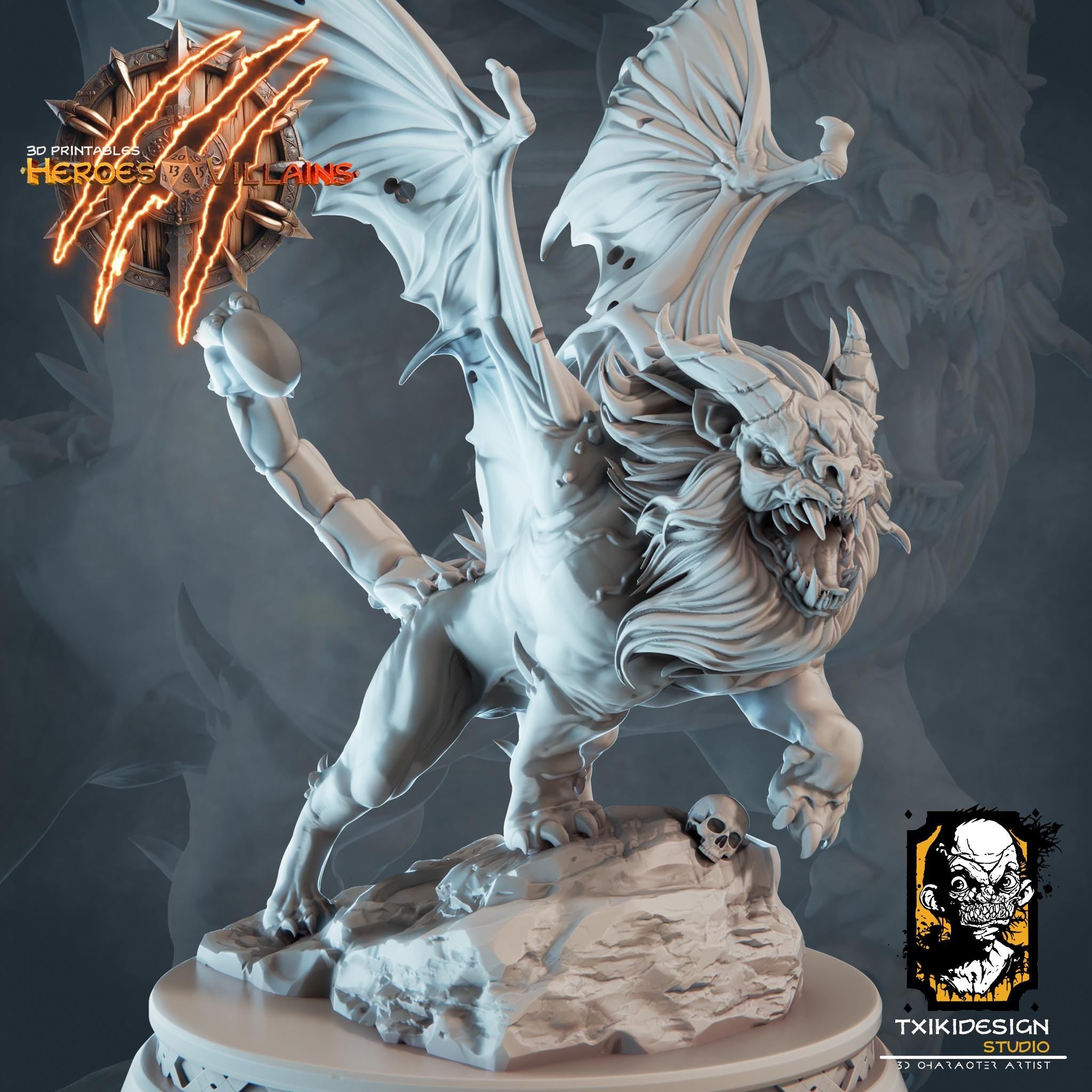 Manticore Miniature | Tabletop RPG Miniature | Javier Txiki Tejedor | Roleplaying 3D Printed Fantasy Mini - 3DPrintDen