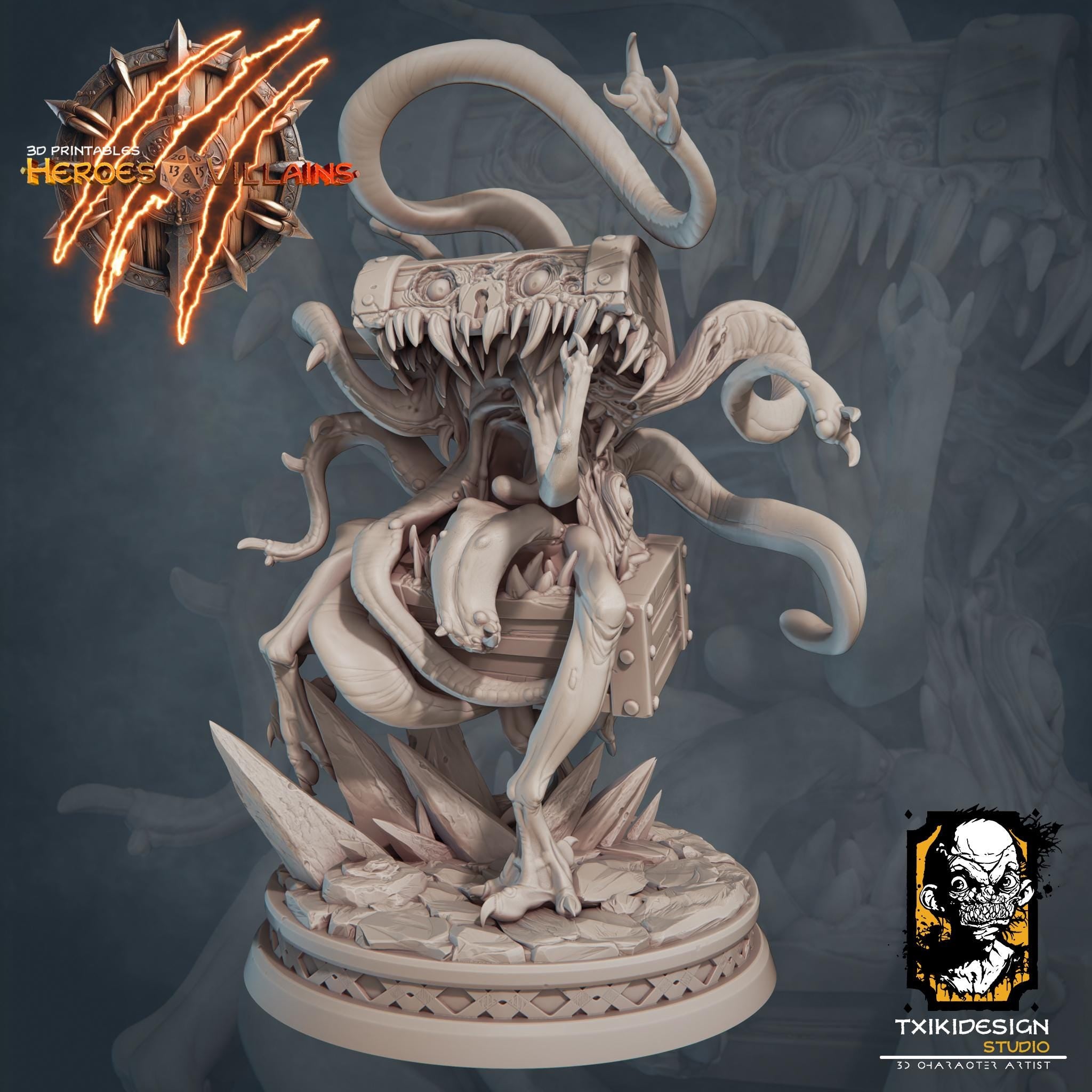 Chest Mimic Miniature | Tabletop RPG Miniature | Javier Txiki Tejedor | Roleplaying 3D Printed Fantasy Mini - 3DPrintDen