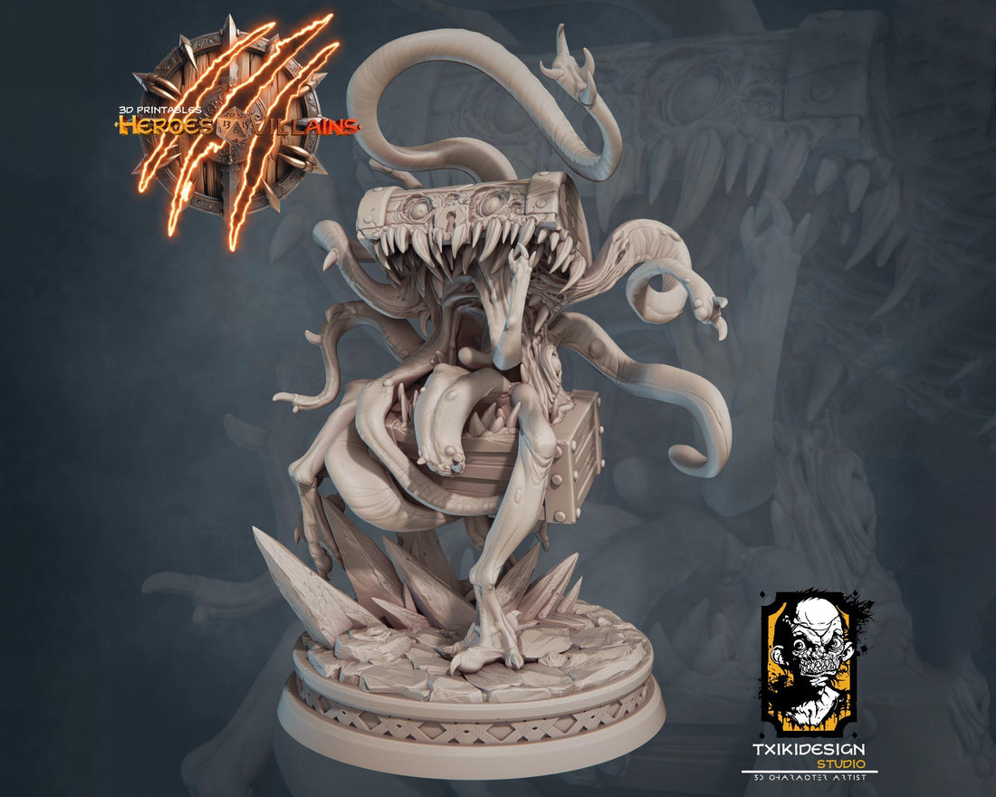 Chest Mimic Miniature | Tabletop RPG Miniature | Javier Txiki Tejedor | Roleplaying 3D Printed Fantasy Mini - 3DPrintDen
