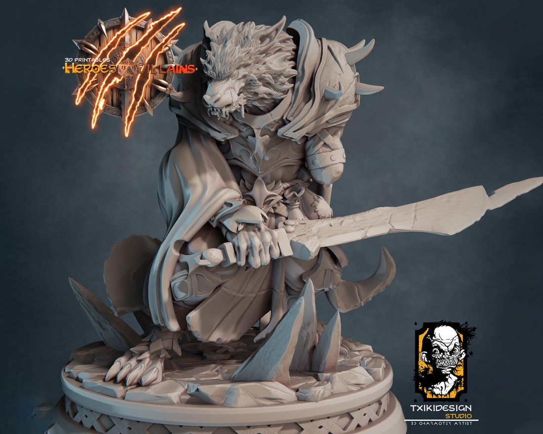 Werewolf Warrior Miniature | Tabletop RPG Miniature | Javier Txiki Tejedor | Roleplaying 3D Printed Fantasy Mini - 3DPrintDen