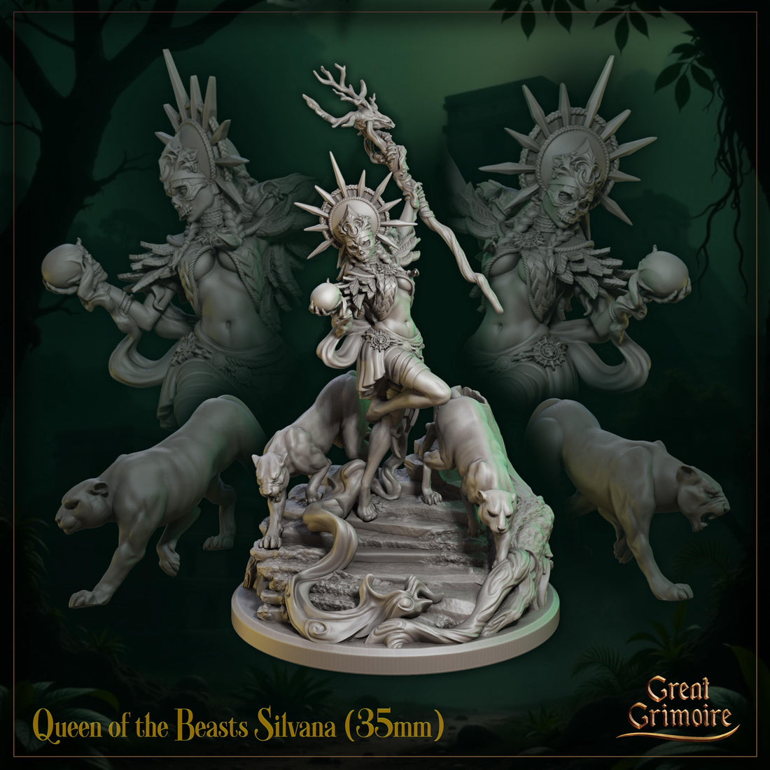 Queen of the Beasts Miniature, Silvana | Tabletop RPG Miniature | Great Grimoire | Roleplaying 3D Printed Fantasy Mini - 3DPrintDen