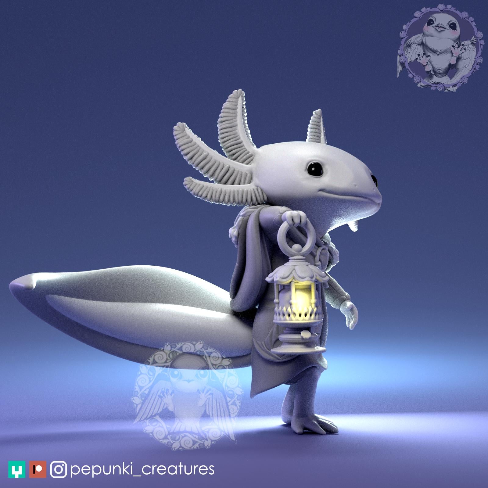 Axolotl Explorer Miniature | Tabletop RPG Miniature | Pepunki Creatures | Roleplaying 3D Printed Fantasy Mini - 3DPrintDen