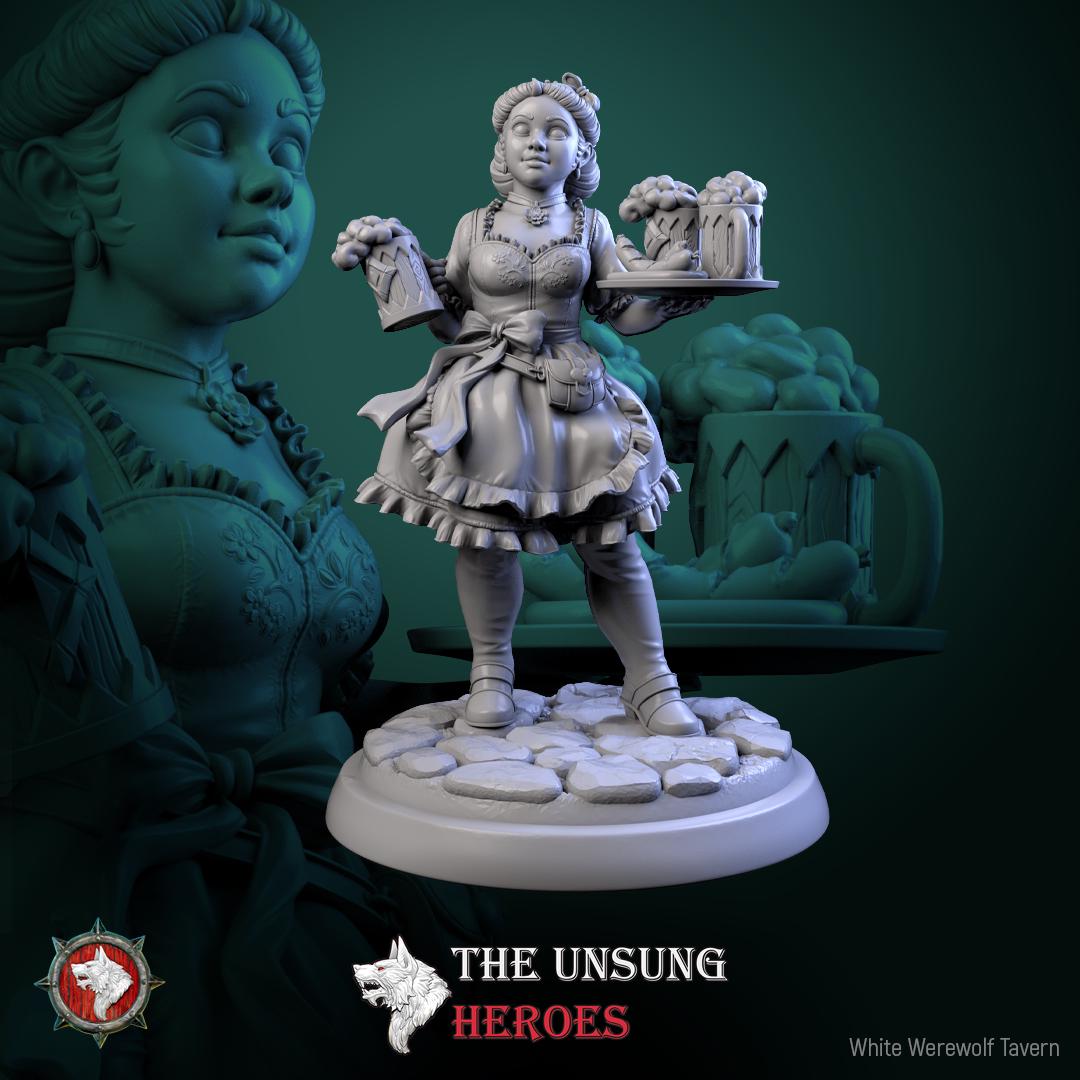 Barmaid Miniature | Tabletop RPG Miniature | White Werewolf Tavern | Roleplaying 3D Printed Fantasy Mini - 3DPrintDen