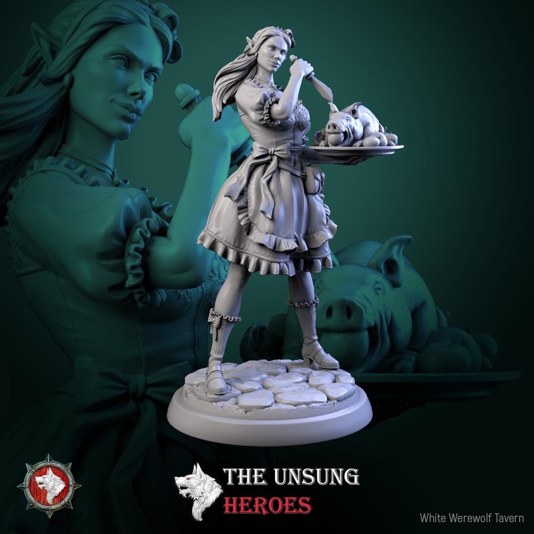 Barmaid Miniature | Tabletop RPG Miniature | White Werewolf Tavern | Roleplaying 3D Printed Fantasy Mini - 3DPrintDen