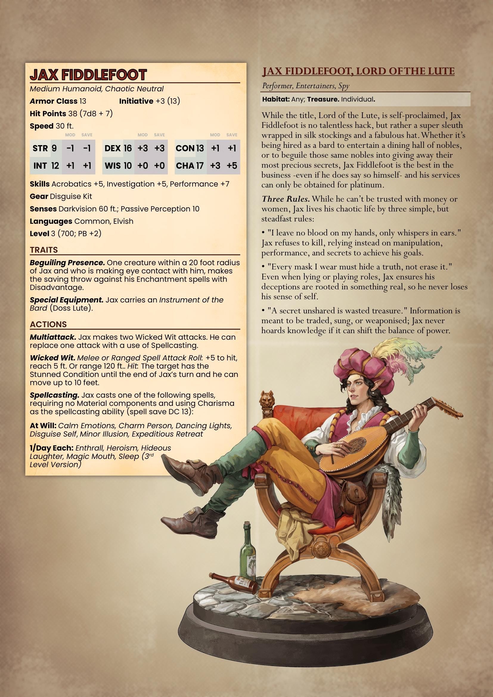 Bard Miniature, Fiddlefoot | Tabletop RPG Miniature | White Werewolf Tavern | Roleplaying 3D Printed Fantasy Mini - 3DPrintDen