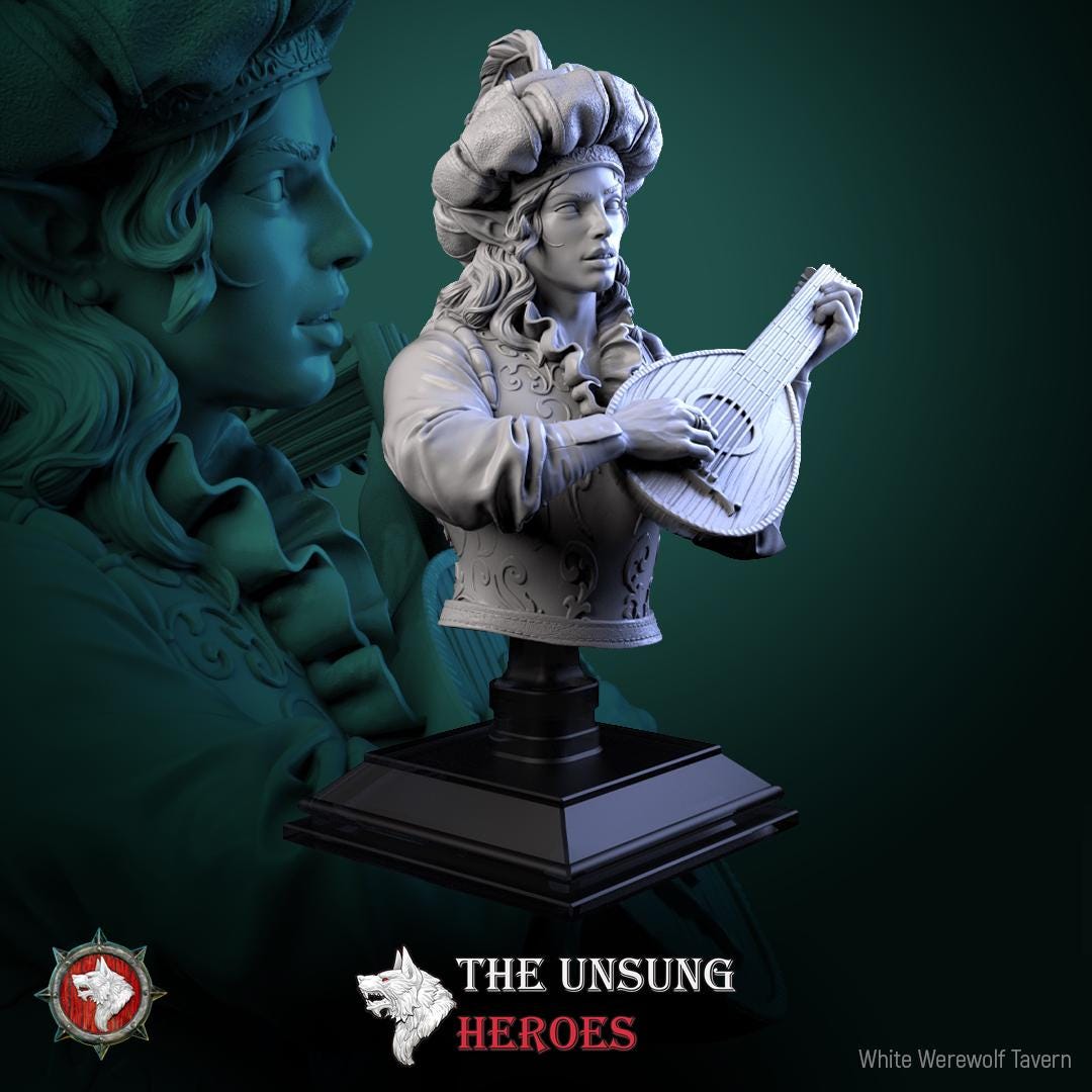 Bard Bust, Fiddlefoot | Tabletop RPG Miniature | White Werewolf Tavern | Roleplaying 3D Printed Fantasy Mini - 3DPrintDen