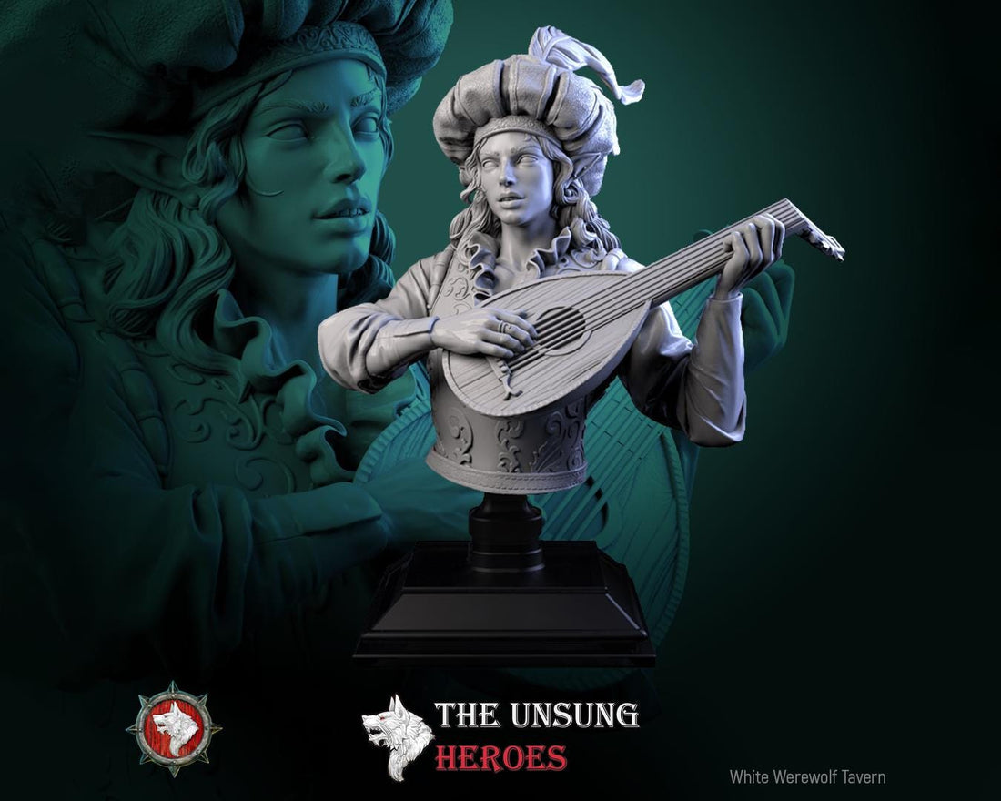 Bard Bust, Fiddlefoot | Tabletop RPG Miniature | White Werewolf Tavern | Roleplaying 3D Printed Fantasy Mini - 3DPrintDen