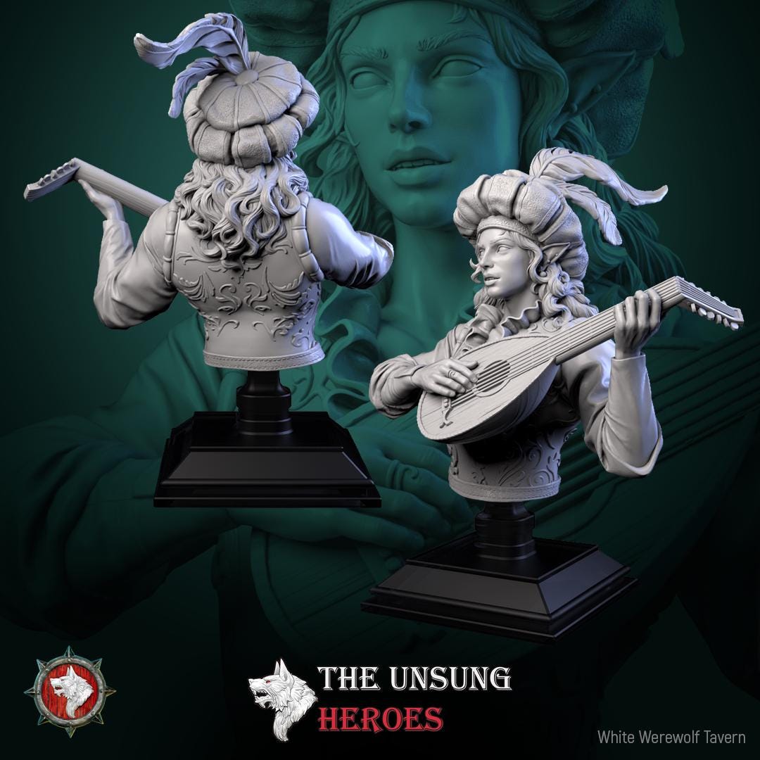 Bard Bust, Fiddlefoot | Tabletop RPG Miniature | White Werewolf Tavern | Roleplaying 3D Printed Fantasy Mini - 3DPrintDen