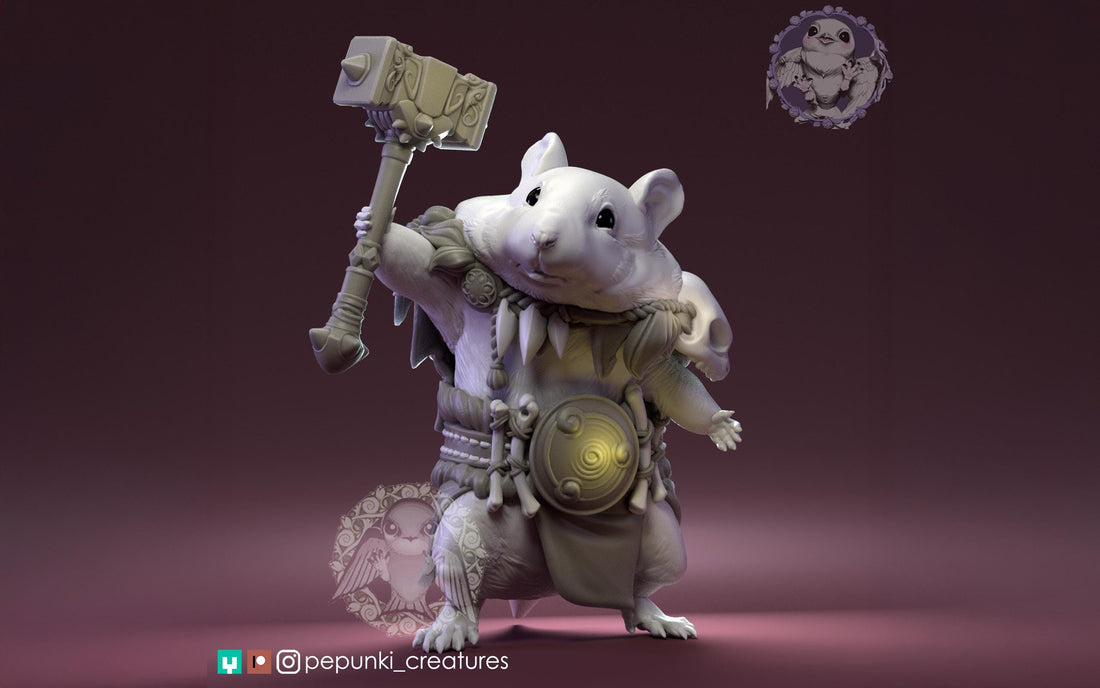 Hamster Barbarian Miniature | Tabletop RPG Miniature | Pepunki Creatures | Roleplaying 3D Printed Fantasy Mini - 3DPrintDen