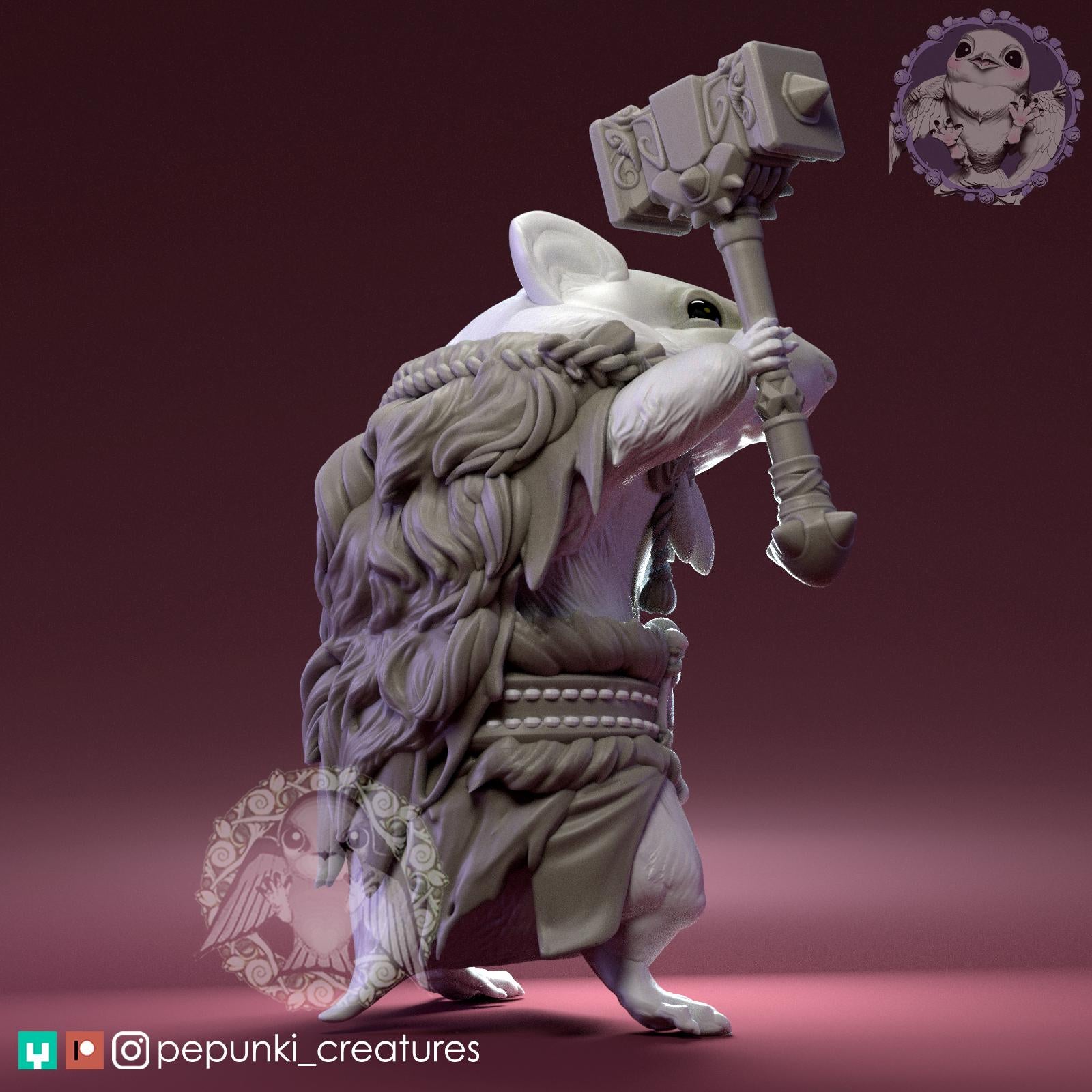 Hamster Barbarian Miniature | Tabletop RPG Miniature | Pepunki Creatures | Roleplaying 3D Printed Fantasy Mini - 3DPrintDen