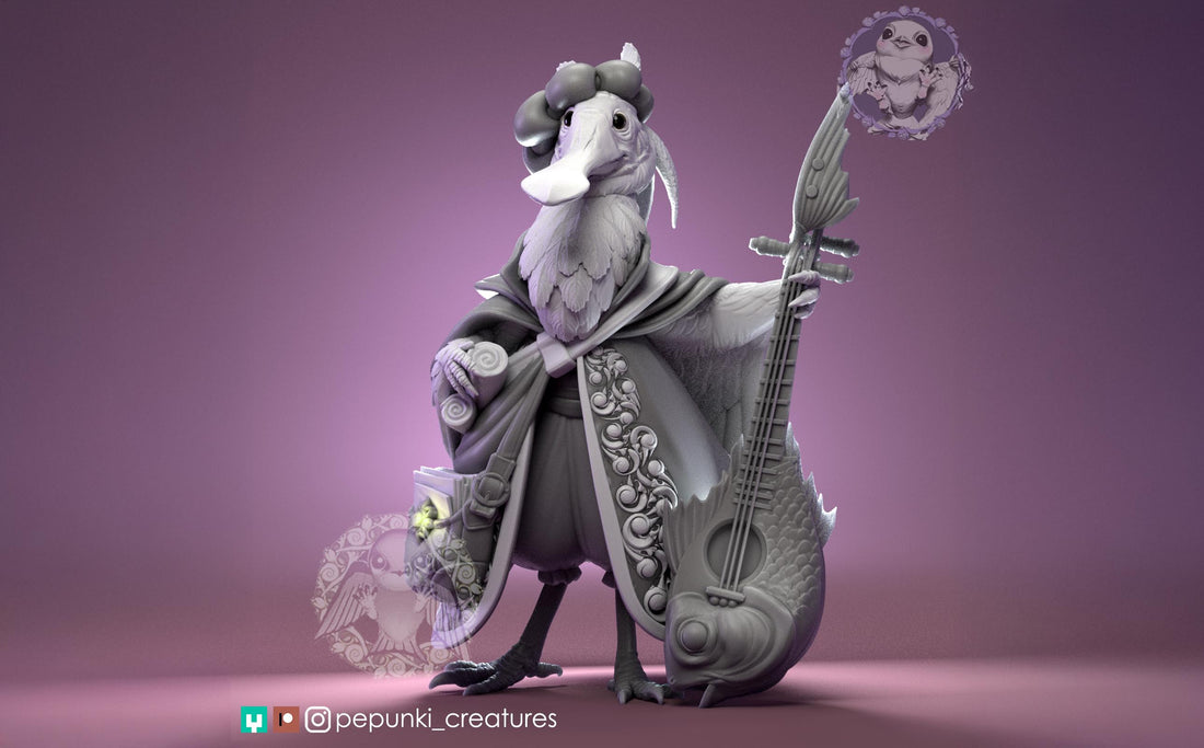 Spoonbill Bard Miniature | Tabletop RPG Miniature | Pepunki Creatures | Roleplaying 3D Printed Fantasy Mini - 3DPrintDen