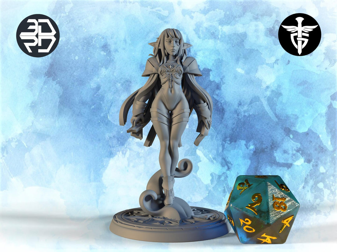 Female Elven Mage Miniature, Myrianna | Twin Goddess Miniatures | Tabletop RPG Miniature | Roleplaying 3D Printed Fantasy Mini - 3DPrintDen
