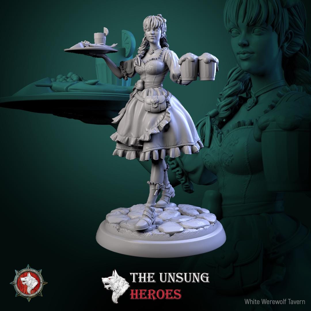 Barmaid Miniature | Tabletop RPG Miniature | White Werewolf Tavern | Roleplaying 3D Printed Fantasy Mini - 3DPrintDen