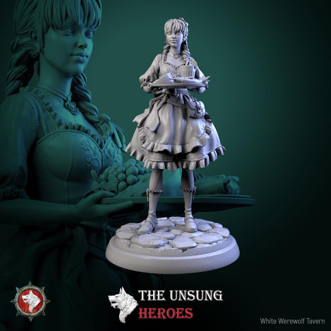 Barmaid Miniature | Tabletop RPG Miniature | White Werewolf Tavern | Roleplaying 3D Printed Fantasy Mini - 3DPrintDen
