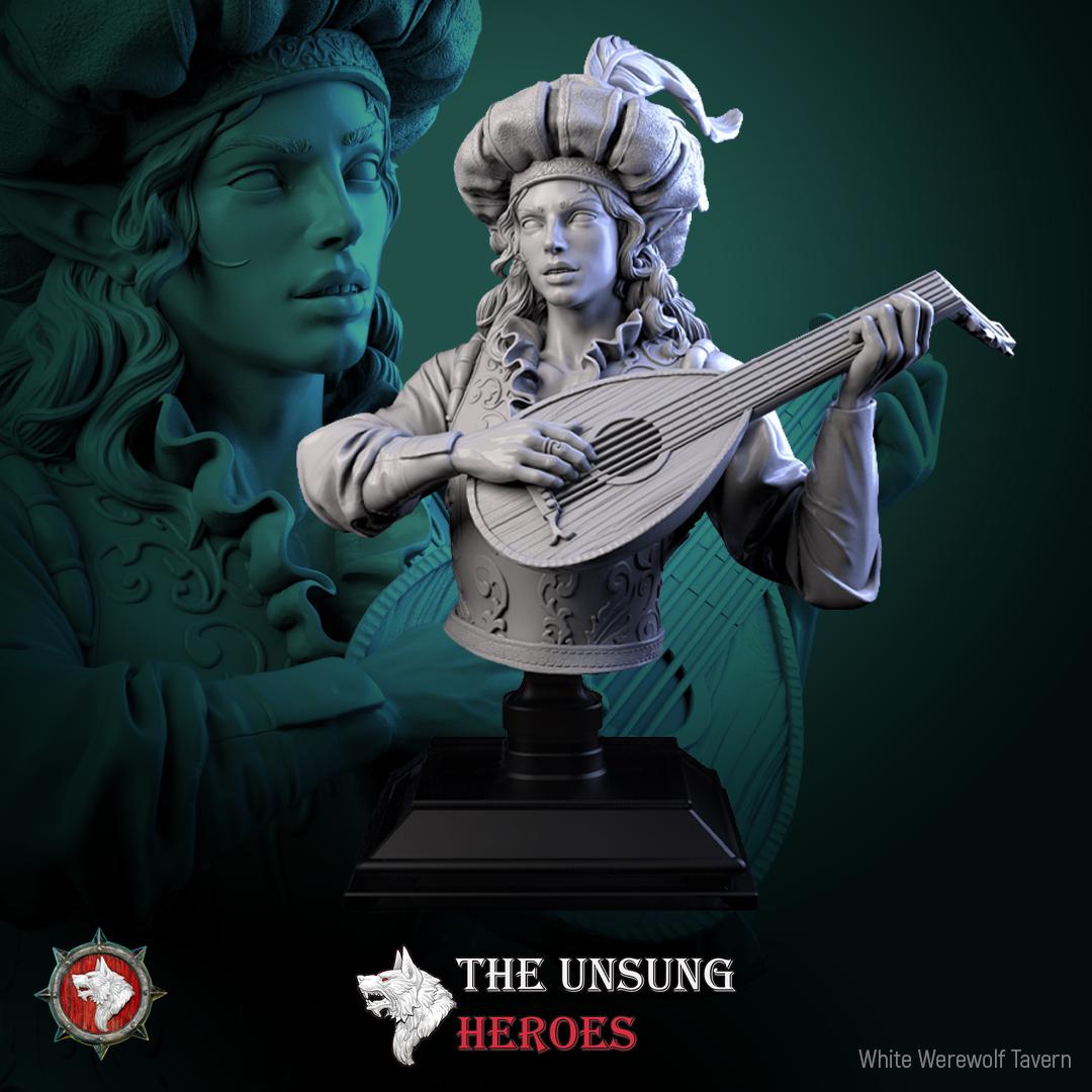 Bard Bust, Fiddlefoot | Tabletop RPG Miniature | White Werewolf Tavern | Roleplaying 3D Printed Fantasy Mini - 3DPrintDen