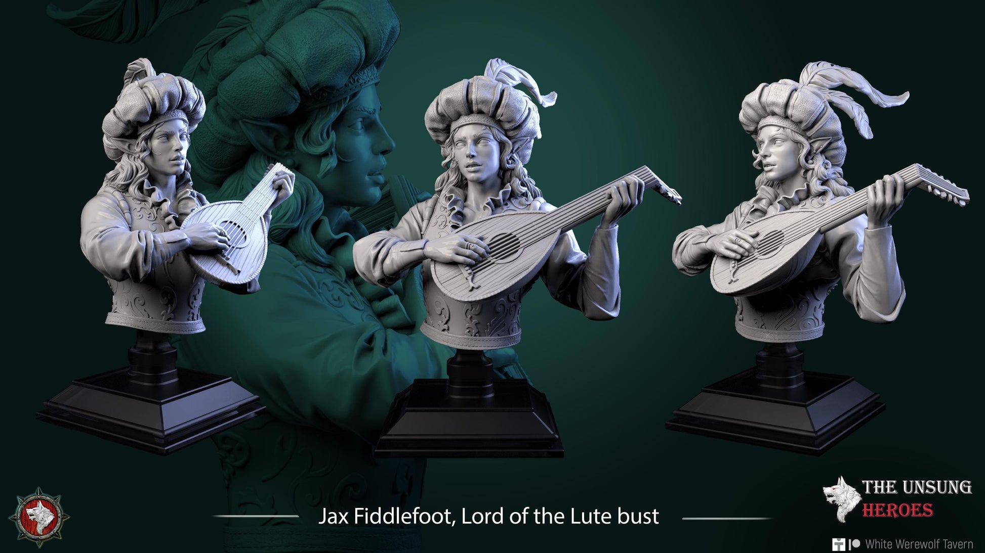 Bard Bust, Fiddlefoot | Tabletop RPG Miniature | White Werewolf Tavern | Roleplaying 3D Printed Fantasy Mini - 3DPrintDen
